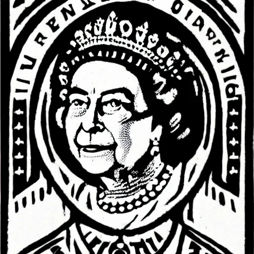 Prompt: queen elizabeth wearing skimask, lino print as whiskey bottle label