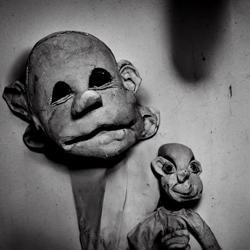 Image similar to creepy ventriloquist dummy in the style of roger ballen, 4 k, bw, portrait