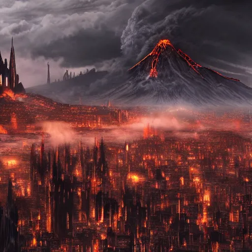 Prompt: mordor as a bustling city, highly detailed, sharp focus, skyline, vast, gothic, lord of the rings, mount doom, 4 k, fantasy, cinematic, dystopian