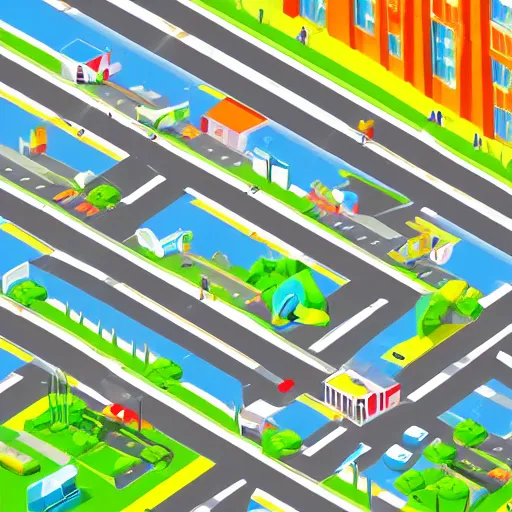 Prompt: isometric low poly city landscape of a lush and bright futuristic city, full of white buildings and futuristic cars, bright blue sky