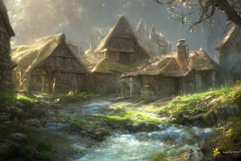 Prompt: a medieval village with a stream in a forested valley by jessica rossier and brian froud cinematic painting