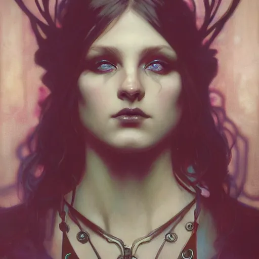 Image similar to dark goth queen by jeremy mann and alphonse mucha, fantasy art, photo realistic, dynamic lighting, artstation, poster, volumetric lighting, very detailed faces, blue eyes, 4 k, award winning dark, goth, queen, dark fantasy, hyperrealistic portrait, art of elysium, full figure, very detailed face, 4 k, award winning,