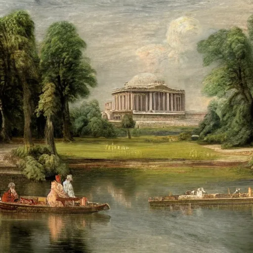 Prompt: digital art of a large palace on the edge of a lake. Highly detailed. in the style of John Constable.