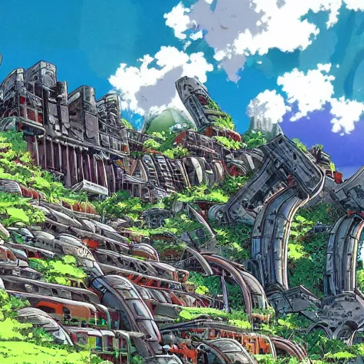 Image similar to futuristic ruins on a mountainside, colorful ruins, mega ruins, clouds on mountain, ruined buildings on mountainside, cel - shading, cel - shaded, 2 0 0 1 anime, bright sunshine