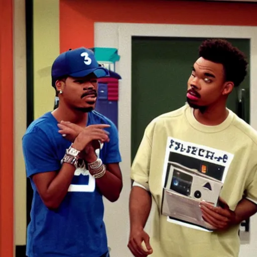 Image similar to a tv still of Chance The Rapper starring as a black college student at Jones College Prep in a 1993 sitcom