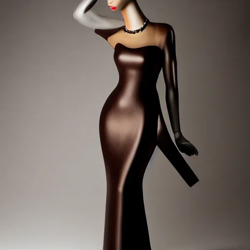 Image similar to a beautiful evening gown made of fluid dark chocolate, on a mannequin.. studio lighting, high quality, high resolution