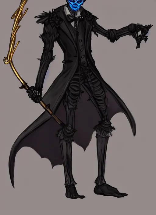 Image similar to DND character art, skeletal male figure, wearing a deep black suit!!! and tie and top hat, holding a gold! cane!, blue flames in background, blue flames