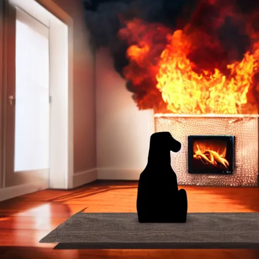 Image similar to a photograph of an humanlike relaxed dog in his house, sitting at a table, ☕ on the table, room is on fire, surrounded by flames, a lot of flames, smoke under the ceiling