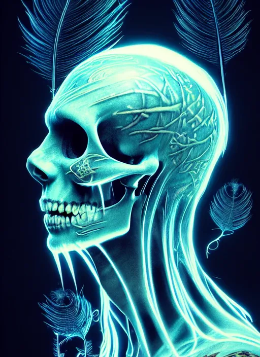 Prompt: 3 d shaman with tattoos profile portrait, sigma 5 0 0 mm f / 5. beautiful intricate highly detailed skull and feathers and hairs and tattoos. bioluminescent, plasma, frost, water, wind, creature, gradient background, thunderstorm! artwork by tooth wu and wlop and beeple and greg rutkowski, 8 k trending on artstation,