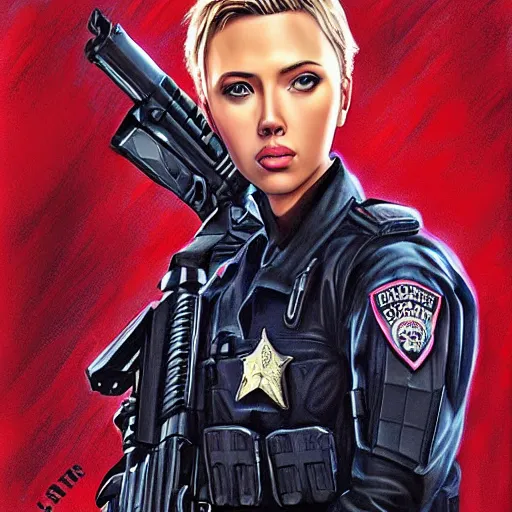 Prompt: scarlet johansson dressed as swat police officer, highly detailed portrait, digital painting, by julie bell, artgerm, ilya kuvshinov