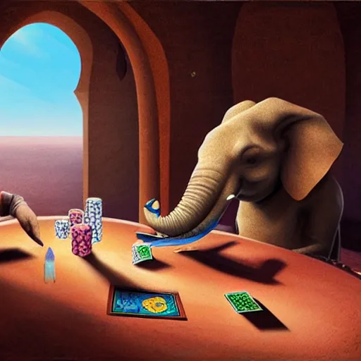 Prompt: a pink elephant playing poker at the sahara desert, concept art, masterpiece art.