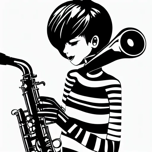 Image similar to an ink drawing of a tech punk girl playing the saxophone by ilya kuvshinov, black and white, white outline, high contrast