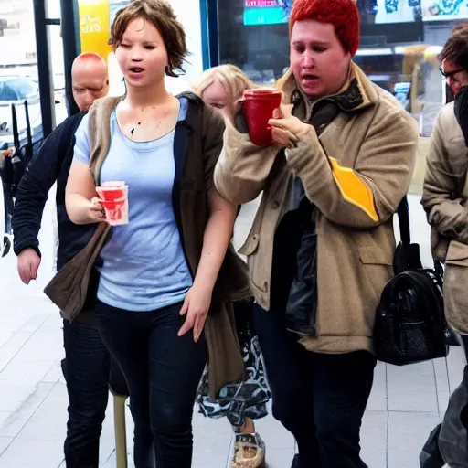 Prompt: fat jennifer lawrence crying in mcdonalds eating a burger