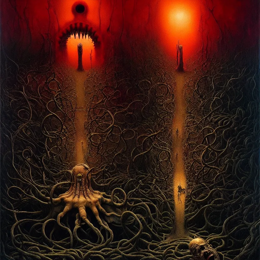 Prompt: a bizarre nightmare, cosmic horror, by zdzisław beksinski and greg rutkowski and esao andrews and salvador dali, oil on canvas, mixed media, abstract, artstation, surreal, hell, horror, dark, intricate textures