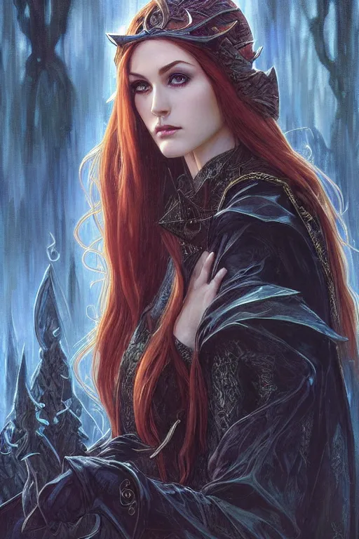 Image similar to portrait of katherine mcnamara elven mage, dark, piercing eyes, gentle expression, elegant clothing, photorealistic, highly detailed, artstation, smooth, sharp focus, art by michael whelan, artgerm, greg rutkowski and alphonse mucha