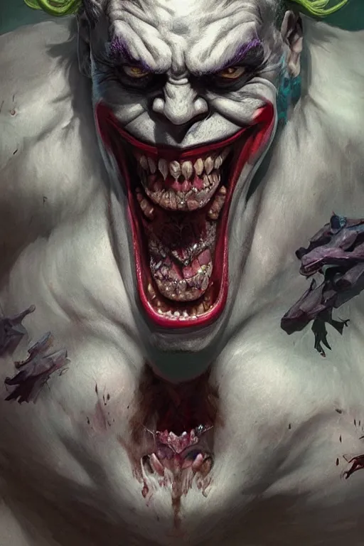 Image similar to portrait of joker as a hulking herculean demon orc bugbear clown, forest, godlike, upper body, fantasy, intricate, elegant, highly detailed, digital painting, artstation, concept art, sharp focus, illustration, art by artgerm and greg rutkowski and alphonse mucha