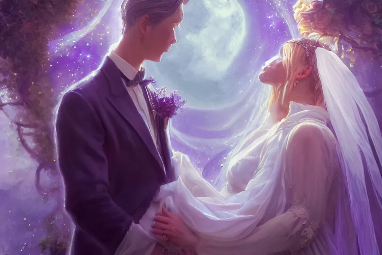 Prompt: a dreamlike cinematic portrait of wedding photograph close up moment of a divine a russian sun god and moon goddess lovers magician at a wedding banquet. portraiture. digital painting. artstation. concept art. fantasy wedding photo. digital painting, 8 k realistic, hyper detailed, violet evergarden art masterpiece by art by krenz cushart