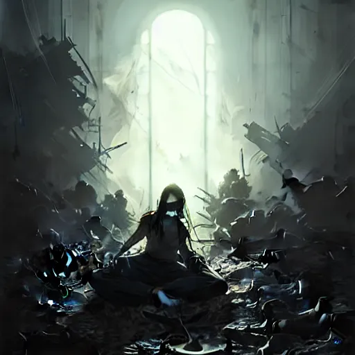 Image similar to only the dead have seen the end of war, artwork by artgerm, danger lurking in the night, fear of death, rendered in pov - ray, style of greg rutkowski and jackson pollock