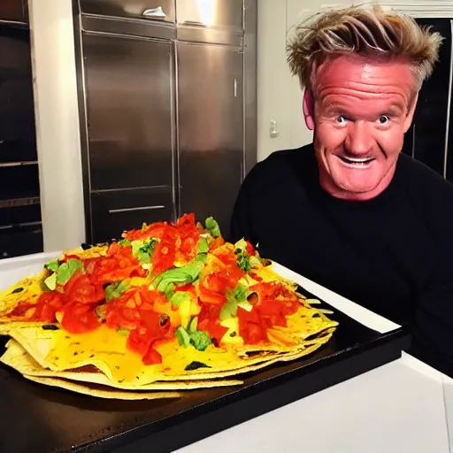 Prompt: < photo hd trending funny > gordon ramsey exudes joy from seeing an incredibly oversized plate of nachos < photo >