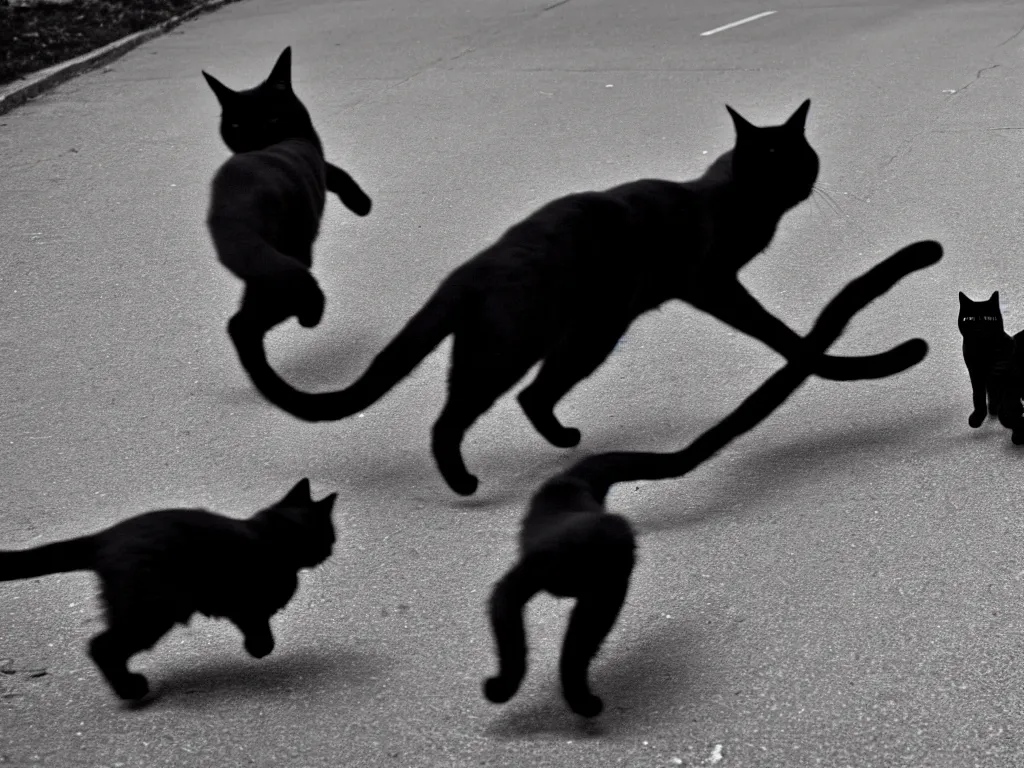 Image similar to a MAN CHASES BY a black CAT, VERY SCARY PHOTO, blak and white photo