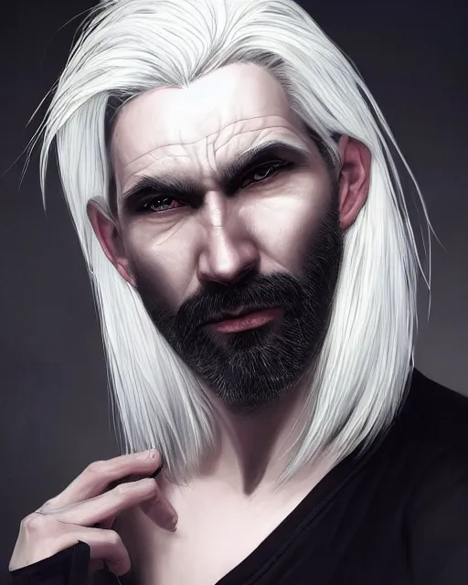 Prompt: portrait of 4 0 - year - old man with white hair with a pale complexion, pointed face and grey eyes, wearing black clothes, hyper realistic face, beautiful eyes, character art, art by artgerm lau and wlop and and ilya kuvshinov and john singer sargent, hyperdetailed, cryengine, trending on artstation, digital art