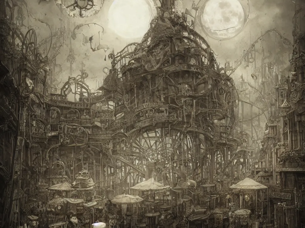 Prompt: a creepy Luna Park in the style of John Kenn Mortensen, realistic painting, high definition, digital art, matte painting, very detailed, realistic