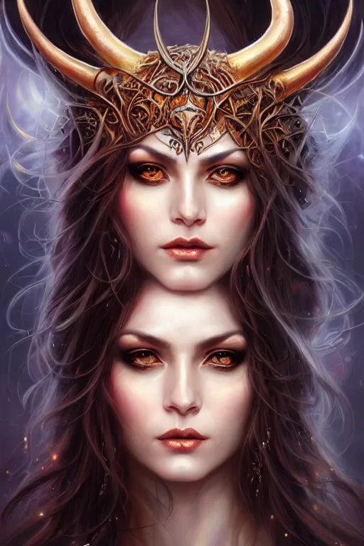 Prompt: a female sorceress with horns by karol bak and vargas, beautiful detailed eyes, cute, fantasy, intricate, elegant, highly detailed, digital painting, 4 k, hdr, concept art, detailed jewelry, smooth, sharp focus, illustration, art by artgerm