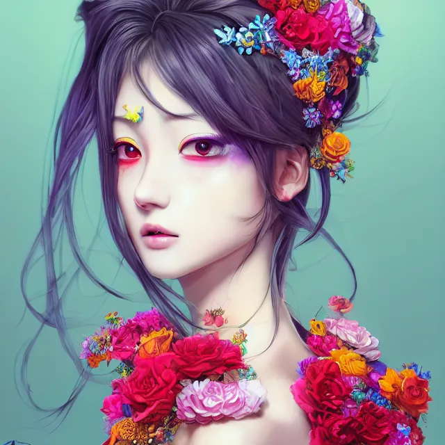 Image similar to studio portrait absurdly beautiful, elegant, lovely, young hypercolorful sensual anime woman rubies red petals gems, ultrafine hyperrealistic detailed face illustration by kim jung gi, irakli nadar, intricate linework, sharp focus, bright colors, matte, octopath traveler, final fantasy, unreal engine highly rendered, global illumination, radiant light, intricate rainbow environment