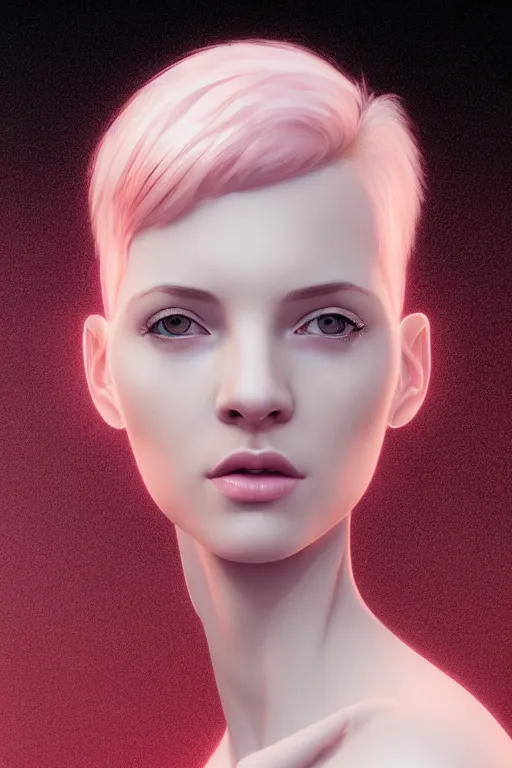 Image similar to Portrait of a beautiful pale skin Nordic female with short pink hair, elegant, photorealistic, highly detailed, artstation, smooth, sharp focus, gold ornaments, neon lighting, sci-fi, art by Klimt.