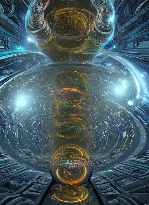 Image similar to the machine universe encounters a living cosmos inside an asymmetric orthogonal non - euclidean upside down inside out world with an infinite cosmic spiral waterfall of living information, inspired by android jones and blake foster, hyperrealistic, digital art, concept art, rendered in cinema 4 d, cryengine 4 k