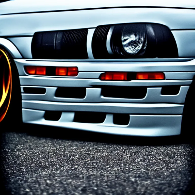 Image similar to close-up-photo BMW E36 illegal meet, cambered wheels, Saitama prefecture, misty midnight, cinematic color, photorealistic, high detailed wheels, highly detailed, custom headlights