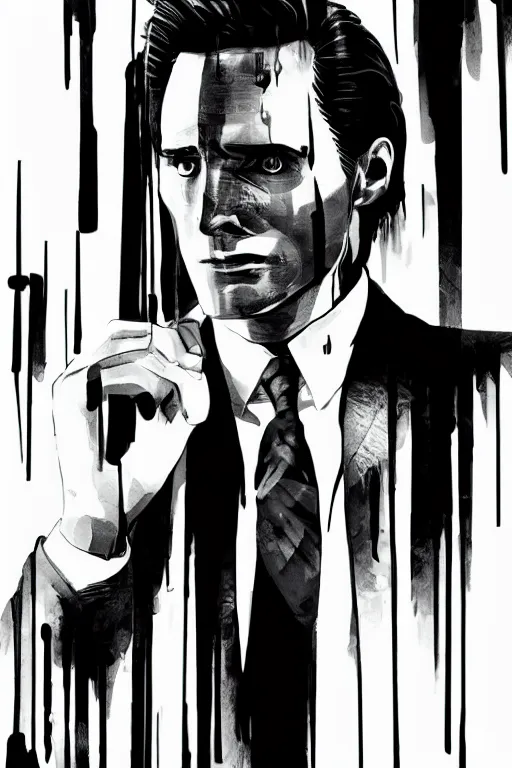 Image similar to black and white illustration of Patrick Bateman in a rainy street, neo noir style, Frank Miller creative design, body horror