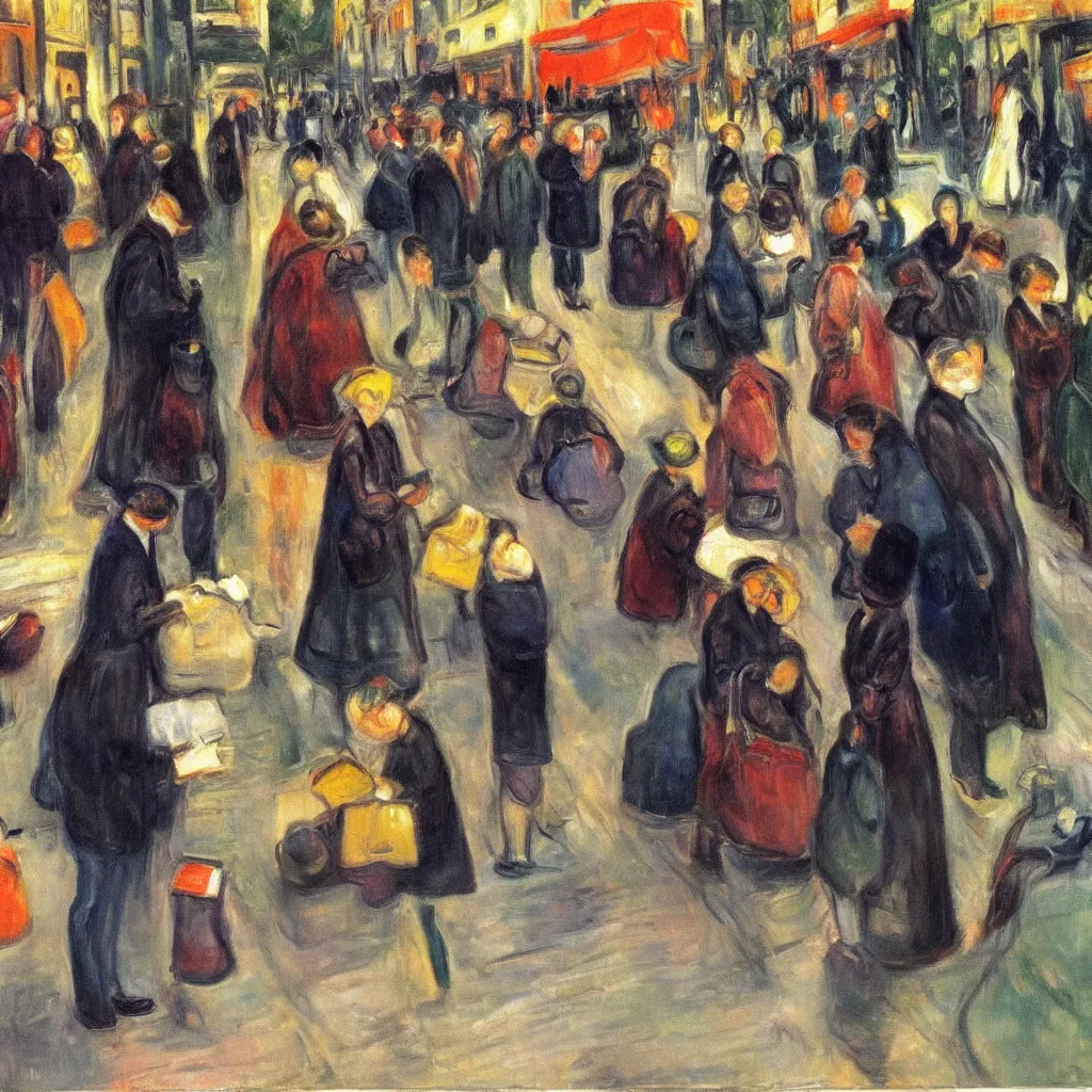 Prompt: lots of people reading on street, canvas, oil paint, magnification, cinematic, detailed, artwork by edvard munch