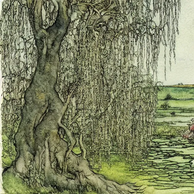Prompt: a detailed, intricate watercolor and ink illustration with fine lines, view from the river of a mossy willow tree in a grassy field, by arthur rackham and edmund dulac and ted nutall