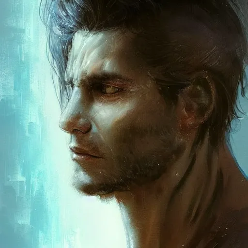 Prompt: Portrait of a man by Greg Rutkowski, he is about 30 years old, messy long black hair, tired appearance, roman nose, he has become some sort of biomechanical transhuman god with eyes that glow electric blue, peaceful but sad expression, highly detailed portrait, digital painting, artstation, concept art, smooth, sharp foccus ilustration, Artstation HQ.