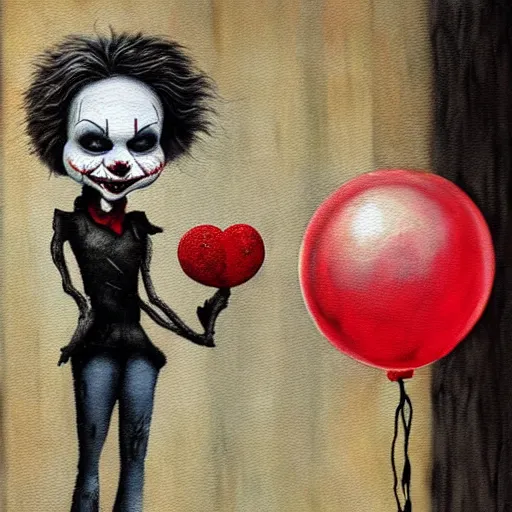Image similar to grunge painting of creepypasta with a wide smile and a red balloon by chris leib, loony toons style, pennywise style, corpse bride style, horror theme, detailed, elegant, intricate, Atmospheric phenomenon, conceptual, volumetric light