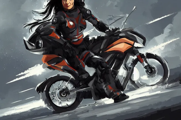 Prompt: michelle yeoh is riding a motorbike, digital painting, artstation, the space background, concept art, illustration,