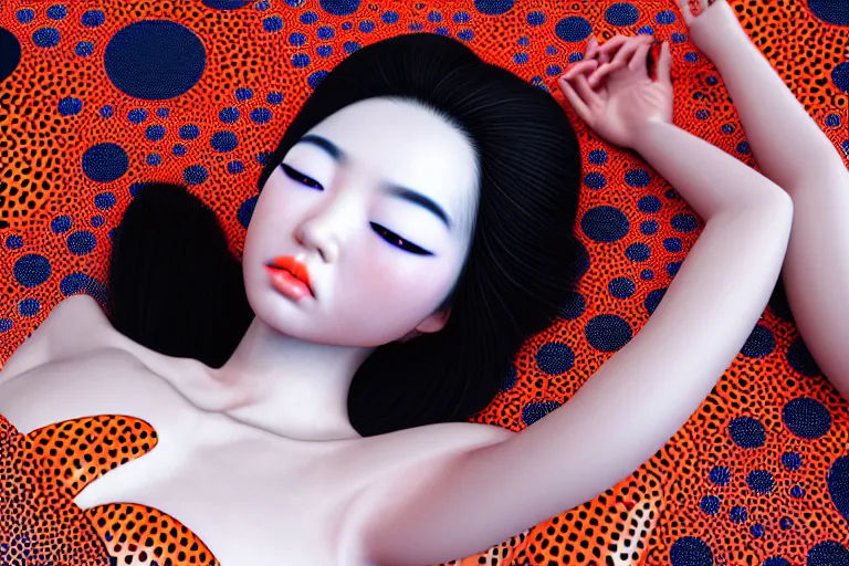 Prompt: hyperrealistic detailed image of a geisha laying in a art installation room, hd smooth interior by yayoi kusama, part by kei mieno, part by alex gray, part by ross tran, part by james jean, ultra realistic, highly detailed, life like face, detailed body, 8 k, octane render, trending on artstation, very cohesive, masterpiece