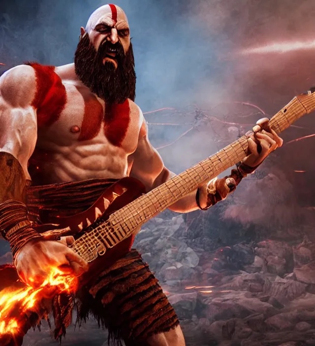 Image similar to raging kratos shredding on a flaming stratocaster guitar, cinematic render, god of war 2 0 1 8, santa monica studio official media, lightning, stripe over eye