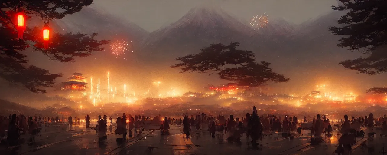 Prompt: japanese mountain countryside small town, landscape, summer festival night, fireworks, illustration, highly detailed, digital painting, concept art, matte, art by ruan jia and wlop and greg rutkowski and makoto shinkai, masterpiece