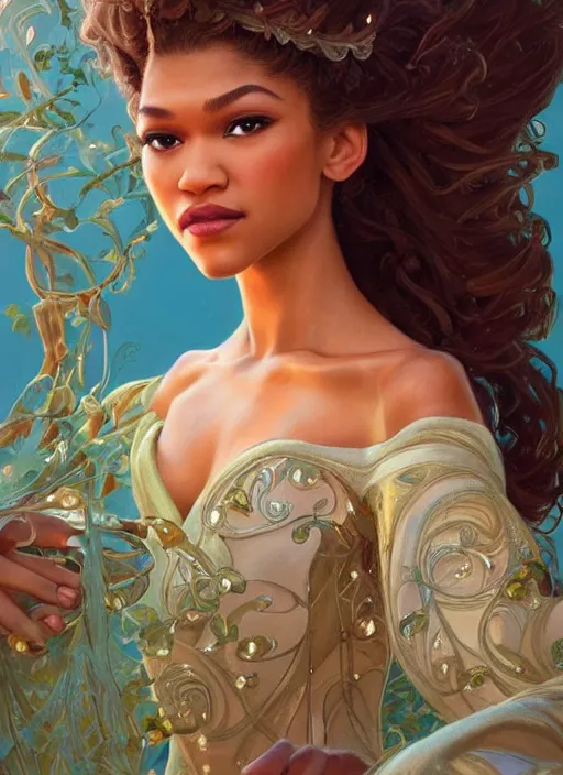 Image similar to beautiful zendaya as tiana princess disney, intricate, elegant. highly detailed, digital painting, artstation, concept art, smooth, sharp, focus, illustration, art by artgerm and greg rutkowski and alphonse mucha