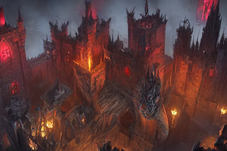 Image similar to big evil castle - city rock dark shadow elves, might and magic heroes vii, dark fantasy, shadows, artstation trending, unreal engine 5, red