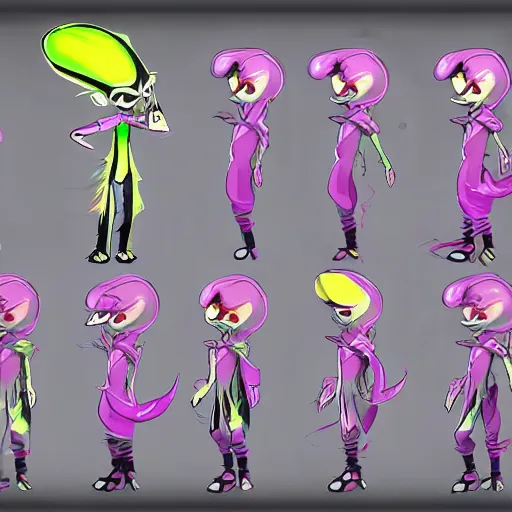 Image similar to character design sheets for a new vampire squid character, artwork in the style of splatoon from nintendo, art by tim schafer from double fine studios, black light, neon, spray paint, punk outfit, tall thin toothpick like frame adult character, fully clothed, gothic, color explosion, sparkles and glitter, pop art