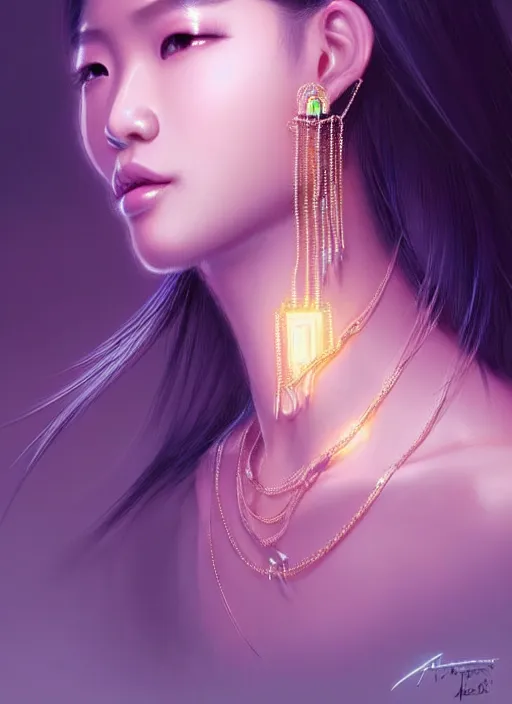 Prompt: portrait of asian female humanoid with transparent jewelry accessories, very details, elegant, cyber neon lights, highly detailed, digital illustration, trending in artstation, trending in pinterest, glamor pose, concept art, smooth, sharp focus, art by artgerm and greg rutkowski