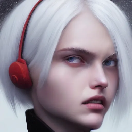 Prompt: a white haired girl wearing earmuffs with bionic eyes, digital art, 8 k resolution, unreal engine, highly detailed, pretty face, very beautiful face, very detailed eyes, photorealistic by wlop, greg rutkowski