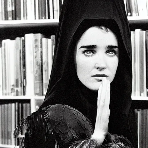 Prompt: young innocent jennifer connelly as youthful alien bird - woman, gothic wearing hooded dark cloak, modestly dressed, reading in library, gray skin, black feathers instead of hair, black feathers growing out of skin, bumpy skin, black hands with black claws, comic book, mike mignogna