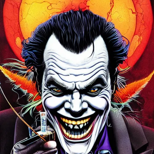 Image similar to portrait of crazy jack nicholson joker, symmetrical, by yoichi hatakenaka, masamune shirow, josan gonzales and dan mumford, ayami kojima, takato yamamoto, barclay shaw, karol bak, yukito kishiro