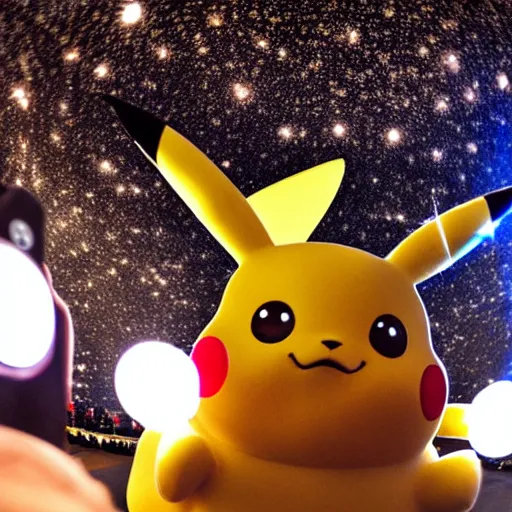 Prompt: happy pikachu with crackling lighting taking a selfie. fisheye lens