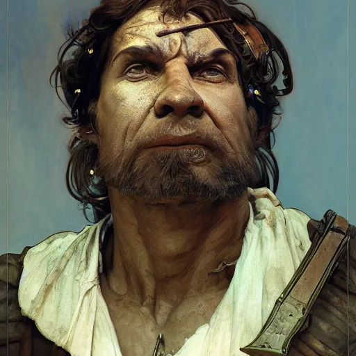 Image similar to a scrappy bronze age thief man, ancient mesopotamia, hiding, opportunistic expression, sword and sandal character portrait by nasreddine dinet ilya kuvshinov, craig mullins, edgar maxence, alphonse mucha