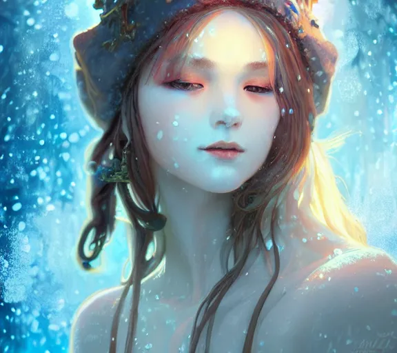 Prompt: beautiful ancient frost witch, fire in eye, snow glow, pool party, highly detailed, digital painting, artstation, sharp focus, illustration, art by tan zi and ayanamikodon and alphonse mucha and wlop!!!